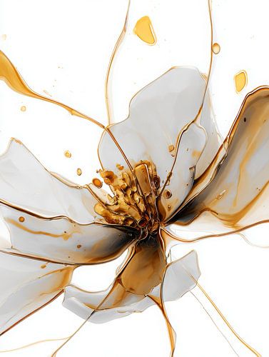 Abstrakte Blumenform in Weiß und Gold mit fließenden Glaslinien