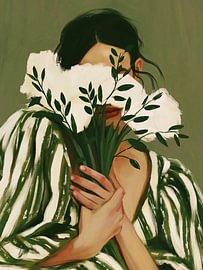 Frau mit Blumen, smaragdgrüne Wanddekoration, Frau von Stephanie Jeuffroy