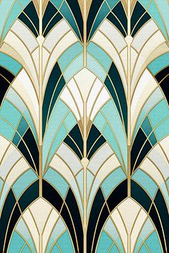 Motif art déco symétrique turquoise et or sur Whale & Sons