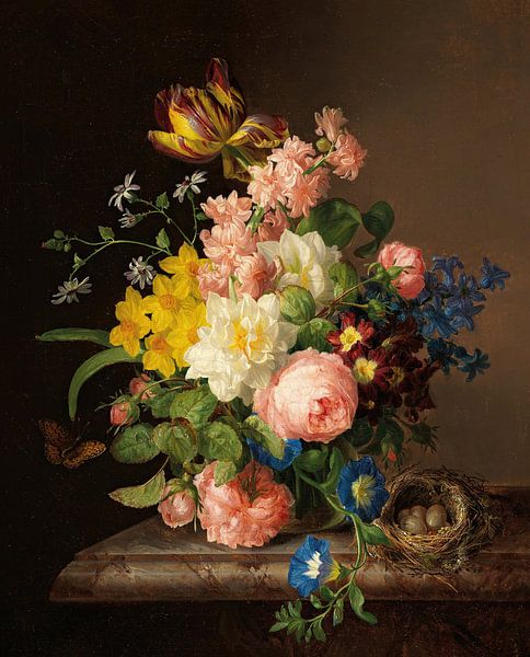 Bouquet with Bird's Nest and Butterfly, Josef Lauer by Masterful Masters