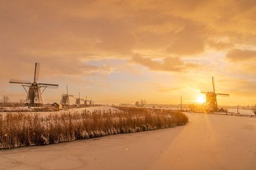 Winter glow at the windmills on Kinderdijk