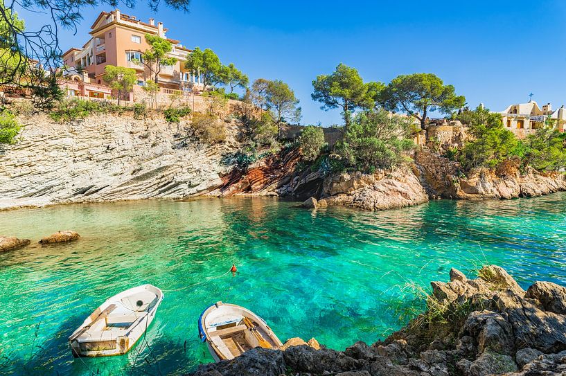Beautiful bay of Cala Fornells with two fishing boats, Majorca, by Alex Winter