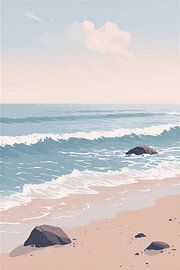 Serene Ocean Beach Landscape with Rocks and Rolling Waves - Minimalist Coastal Wall Art in Teal and Beige by VICTOR S