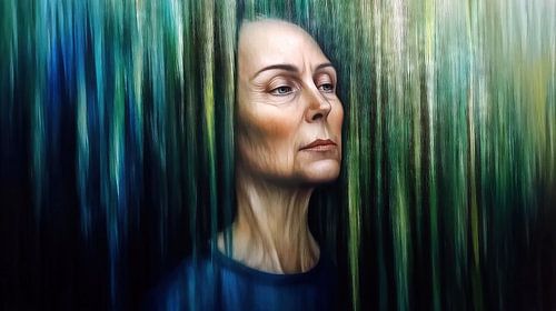 Peinzende vrouw voor groene en blauwe strepen