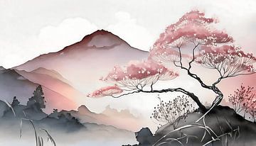 Japandi schilderij: Japans berglandschap met Bloesemboom van Studio Pieternel