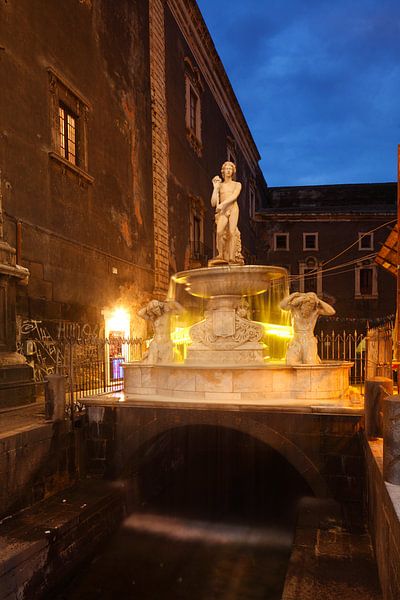 Amenano Fontein bij Piazza del Duomo in de schemering, Catania, Sicilië, Italië, Europa van Torsten Krüger