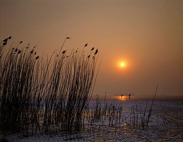Patineurs au coucher du soleil sur Rene van der Meer