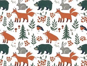 Vos en beer bospatroon - rustiek natuurmotief
