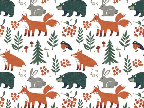 Fuchs und Bär Woodland Nahtloses Muster - Rustikales Naturmotiv