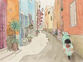 On the road with the green scooter (cheerful watercolor painting narrow street village vacation Vesp by Natalie Bruns thumbnail
