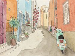Dehors sur le scooter vert (aquarelle joyeuse, rue étroite, village, vacances, Vespa, Italie)