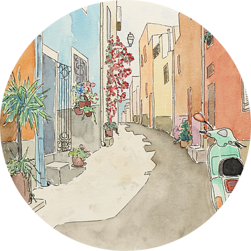 Op pad met de groene scooter (vrolijk aquarel schilderij smalle straat dorp vakantie Italië reizen) van Natalie Bruns
