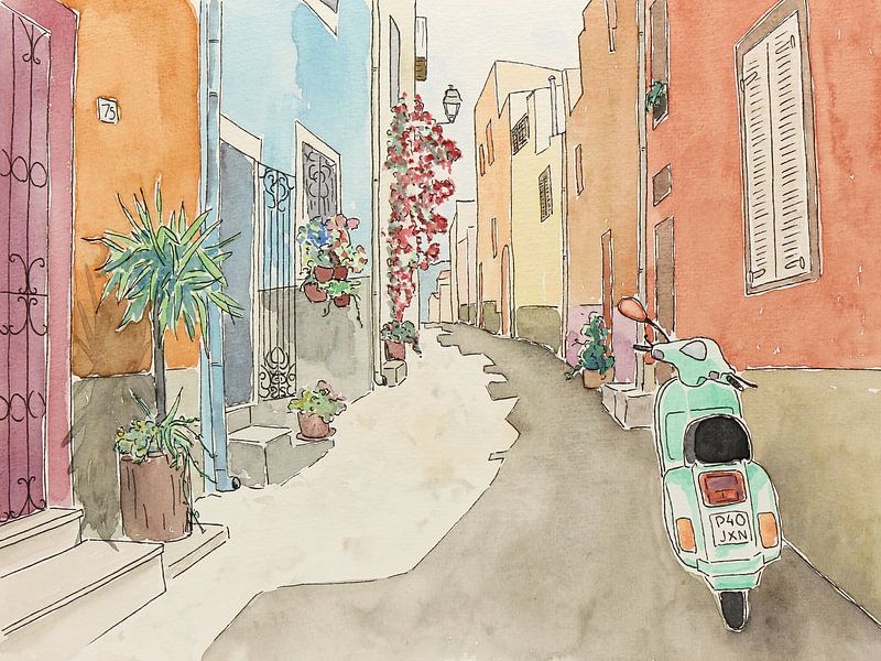 Dehors sur le scooter vert (aquarelle joyeuse, rue étroite, village, vacances, Vespa, Italie) par Natalie Bruns