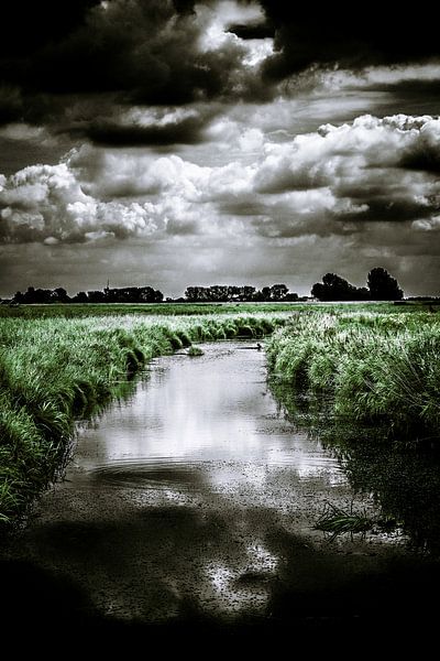 Donkere wolkenlucht boven het polderlandschap van Nieuw-Vossemeer (Brabant) (staand) van Fotografie Jeronimo