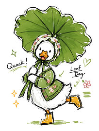 Süße Ente mit Blatt-Regenschirm – „ & “-Blumenhaube – Verspielte, handgezeichnete Illustration von Ramy Salah Hefny