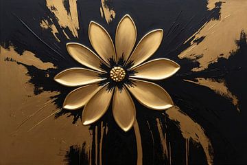 Abstract Gold Flower on Black by De Muurdecoratie