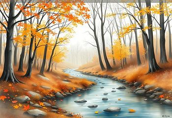An Enchanting Autumn Creek: A Tranquil Forest Scene of Golden Leaves and Flowing Water.