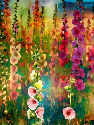 Field of flowers with colourful hollyhocks by Studio Pieternel