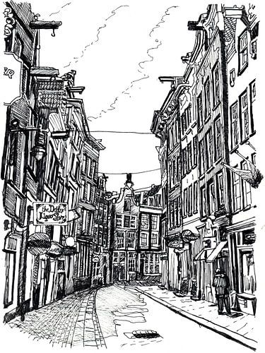 Tekening Zeedijk Amsterdam Nederland Pentekening Lijntekening