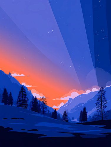 Fantasiebos met gloeiende bomen en sneeuwvlokken,