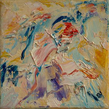 Abstract olieverf schilderij, blauw, geel, rood, paars, wit en roze van Joriali Abstract