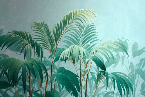 Palms in Soft Mist Botanical Illustration in Pastel Green