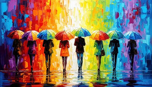 Verenigd onder paraplu's: acht figuren in een stille beek, weerspiegeld in de regen en gedragen door de glanzende streep van de regenboog