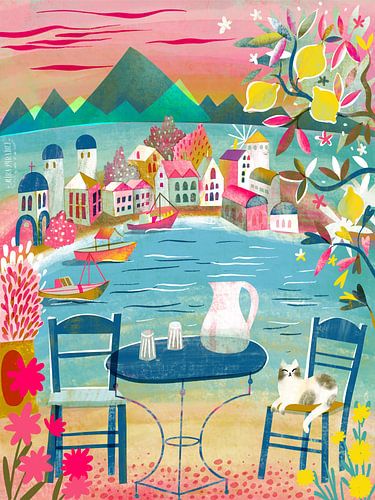 Griekse taverne met kat onder citroenboom