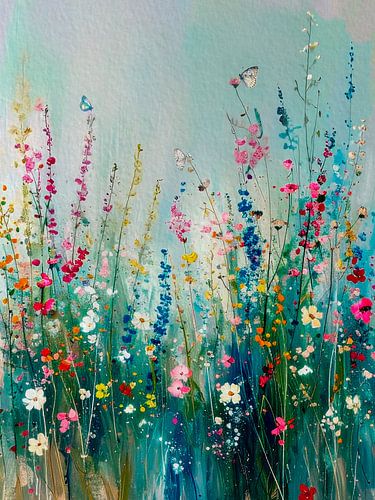 Sommerbild mit Blumen, Gräsern und Schmetterlingen