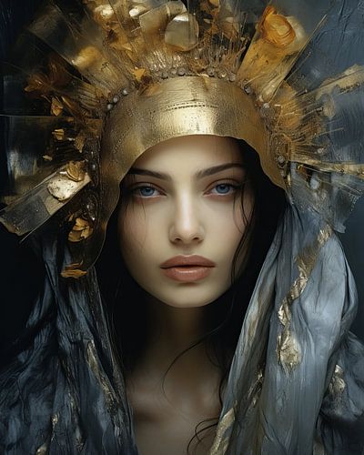 Bijzonder portret in blauwe en gouden tinten