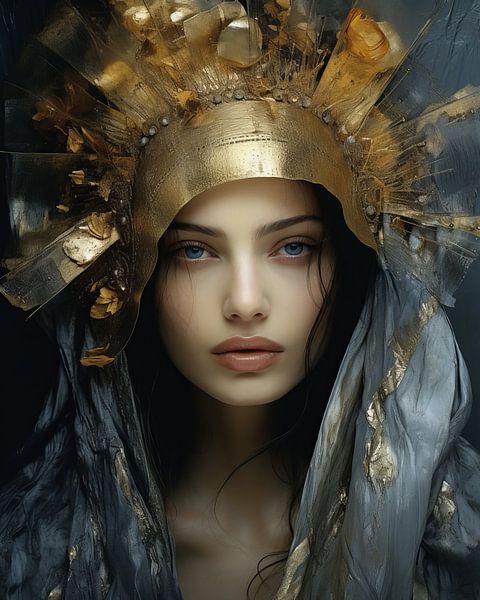 Extraordinary portrait in shades of blue and gold by Carla Van Iersel
