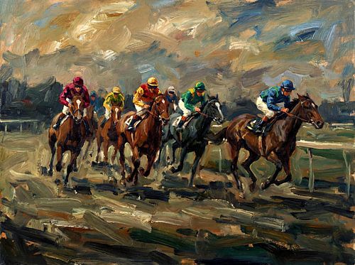 Peinture représentant une course hippique : une scène sportive dynamique