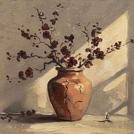 Terracotta vaas met roodbruine bloemen van Emiel de Lange