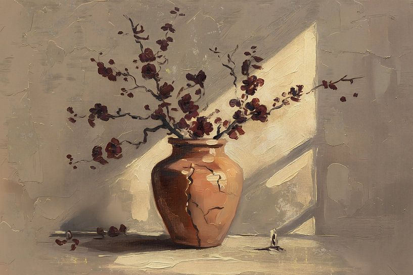 Terracotta vase with red-brown flowers by Emiel de Lange