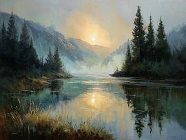 Landschaft mit nebligem See bei Sonnenaufgang