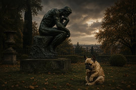The Thinker and the Dog – A Playful Painting by Peter Pen Drawings and Paintings