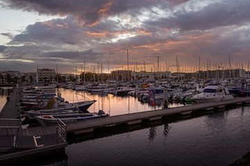 Sailboats in the harbor of Algarve, Portugal during sunset. by Michael Bollen