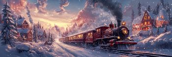 Kersttrein doorkruist een winters wonderland