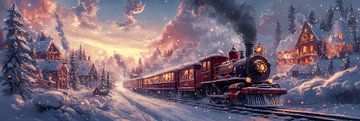 Kersttrein doorkruist een winters wonderland