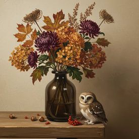 Eule am Herbststrauß - Warmes Stillleben mit Blumen von By Marjolein Design