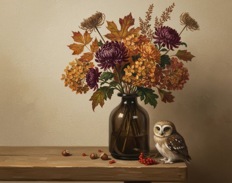 Owl at Autumn Bouquet - Warm Still Life with Flowers by By Marjolein Design