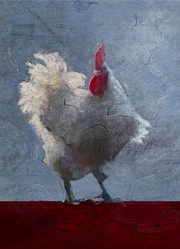 Animal painting, white cockerel, Animal paintings by Hella Maas