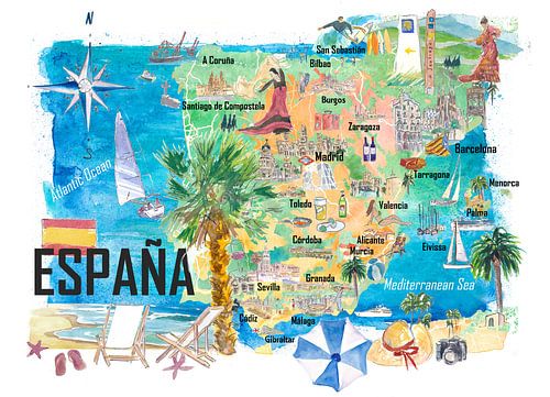 Espagne Carte illustrée avec les routes principales et les points forts