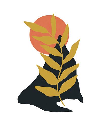 Paysage minimaliste avec une montagne, un soleil et une plante