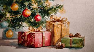 Weihnachtsgeschenke unter geschmücktem Baum in Aquarellwärme
