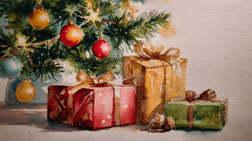 Christmas gifts under Decorated Tree in Watercolour Warmth by Eva Lee