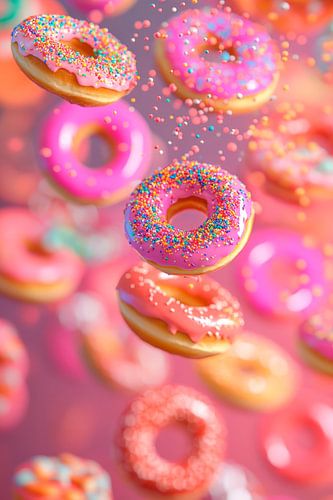 Schwebende bunte Donuts mit Streuseln