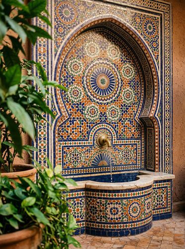 Jolie fontaine en mosaïque avec des motifs