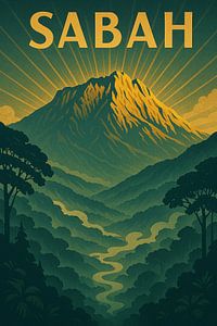 Sabah Borneo Vintage Poster - Mount Kinabalu & Dschungellandschaft