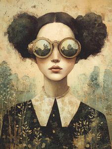 Verträumtes Porträt einer Frau mit Steampunk-Brille in einer geheimnisvollen Waldlandschaft